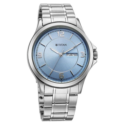 Titan Neo Arabic Analog with Day Date Ice Blue Dial Silver Stainless Steel Strap Watch