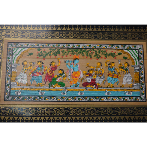 Palm Leaf Handmade Painting of Krishna Raas Leela with Gopis