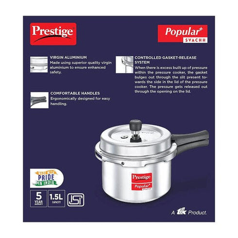 Prestige Popular Plus Svachh Virgin Aluminium Spillage Control Pressure Cooker Silver 2 L