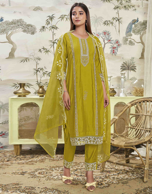 Sudathi Mustard Green Silk Sequence Straight Kurta Set With Dupatta