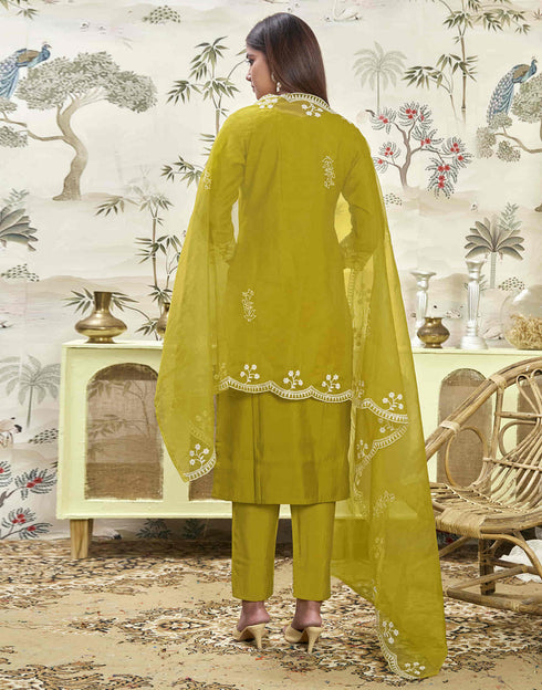 Sudathi Mustard Green Silk Sequence Straight Kurta Set With Dupatta