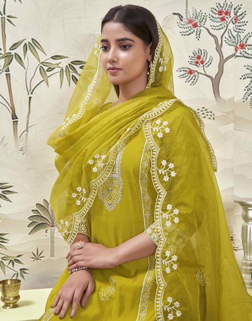 Sudathi Mustard Green Silk Sequence Straight Kurta Set With Dupatta