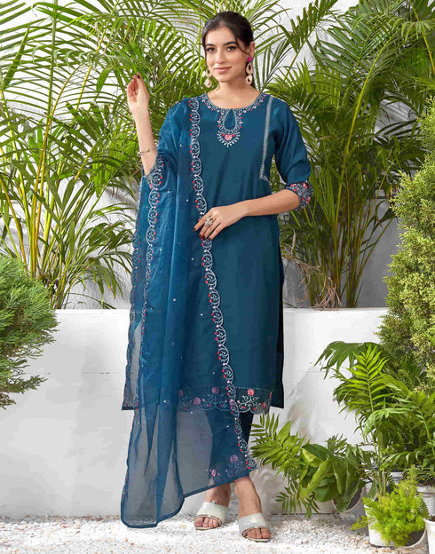 Sudathi Rama Blue Silk Embroidery Straight Kurta Set With Dupatta
