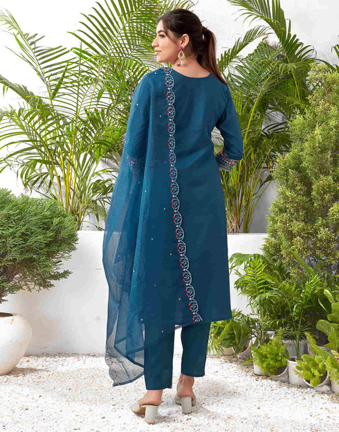Sudathi Rama Blue Silk Embroidery Straight Kurta Set With Dupatta