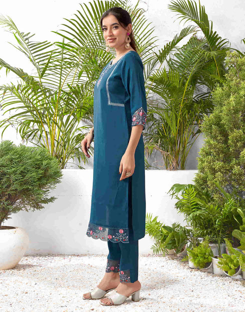 Sudathi Rama Blue Silk Embroidery Straight Kurta Set With Dupatta