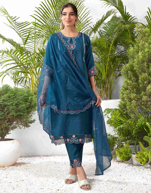 Sudathi Rama Blue Silk Embroidery Straight Kurta Set With Dupatta