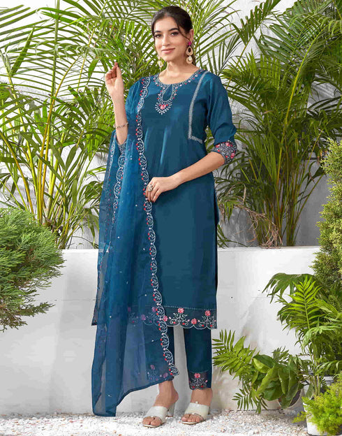 Sudathi Rama Blue Silk Embroidery Straight Kurta Set With Dupatta