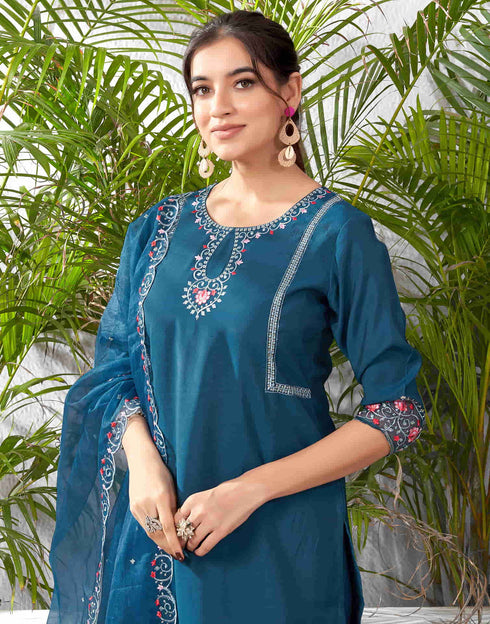 Sudathi Rama Blue Silk Embroidery Straight Kurta Set With Dupatta