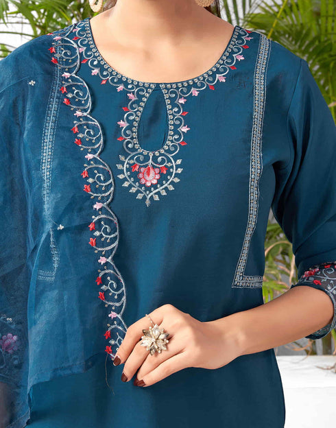 Sudathi Rama Blue Silk Embroidery Straight Kurta Set With Dupatta