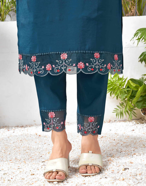 Sudathi Rama Blue Silk Embroidery Straight Kurta Set With Dupatta