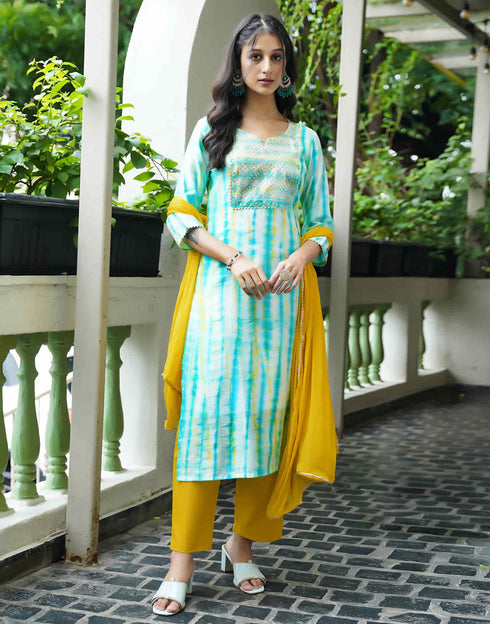 Sudathi Sky Blue Muslin Printed Straight Kurta Set With Dupatta