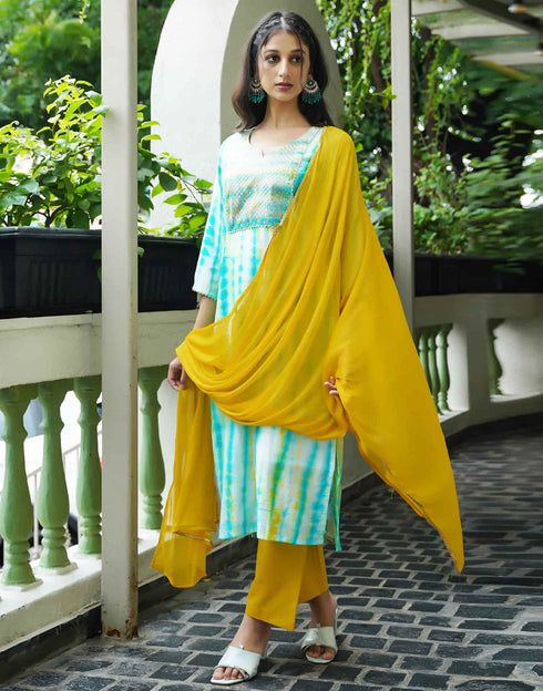 Sudathi Sky Blue Muslin Printed Straight Kurta Set With Dupatta