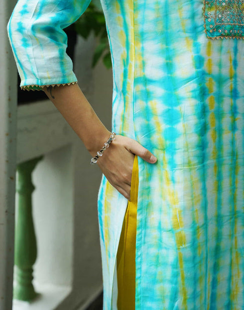 Sudathi Sky Blue Muslin Printed Straight Kurta Set With Dupatta