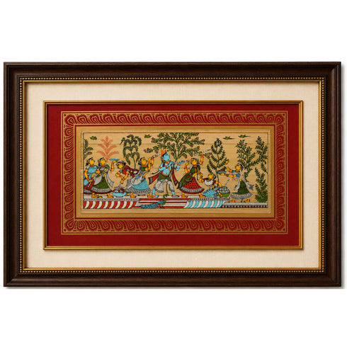 Palm Leaf Handmade Painting of Lord Krishna Playing Flute with Gopis