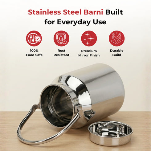 Vinod Stainless Steel Milk Can Barni Oil Can 3.7 Litre with Jointless Body Heavy Gauge Steel Glossy Finish and Non Reactive Surface