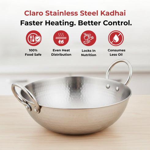Vinod Claro Heavy Gauge Stainless Steel Hammered Kadai 2.5 mm 1700 ml