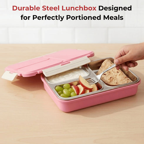 Vinod Stainless Steel Tiffin 3 Compartment Pink Airtight Silicone Sealed Lid Insulated Food Grade Steel Secure Side Clips