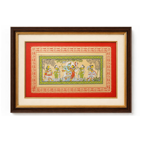 Palm Leaf Handmade Painting of Lord Krishna And Radha with Cow