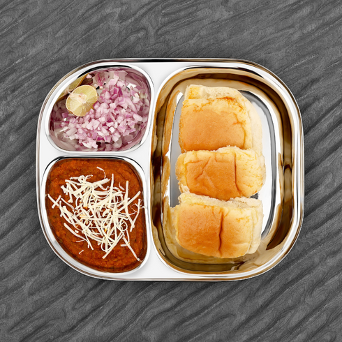 Vinod Stainless Steel 3 Compartment Plate with Round Edges Pav Bhaji Plates Idli Sambhar Breakfast Plate Lunch Dinner Plate Pack of 2