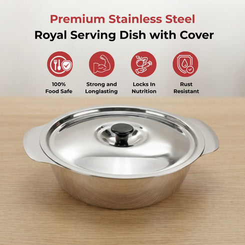 Vinod Stainless Steel Royal Veg Serving Dish with Cover 1300 ml Highest Grade Stainless Steel Tough and Strong Dishwasher Safe
