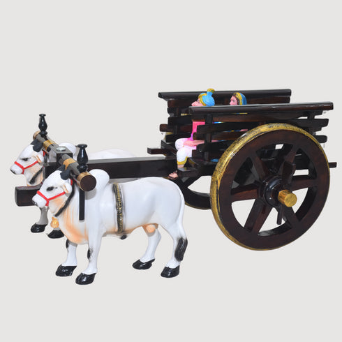 Handcrafted Dark Brown Teak Wood Bullock Cart with Bulls & Farmer