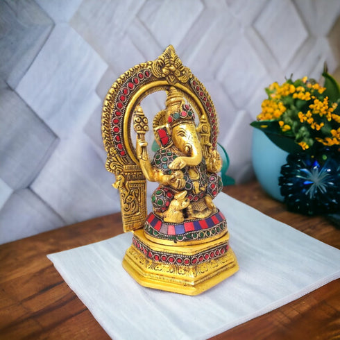 Tamas Brass Lord Ganesh & Goddess Laxmi Sitting Posturel and Decorated with Multicolored Stone (Multicolor)