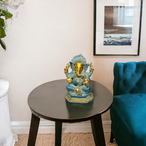 Tamas Brass Handcrafted Lord Mangalkari Ganesh Statue / Idol With Antique Finish , Golden & Blue)