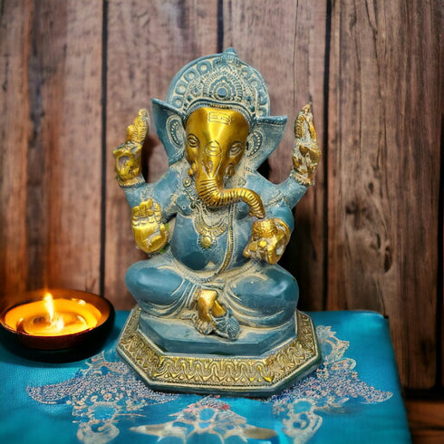 Tamas Brass Handcrafted Lord Mangalkari Ganesh Statue / Idol With Antique Finish , Golden & Blue)