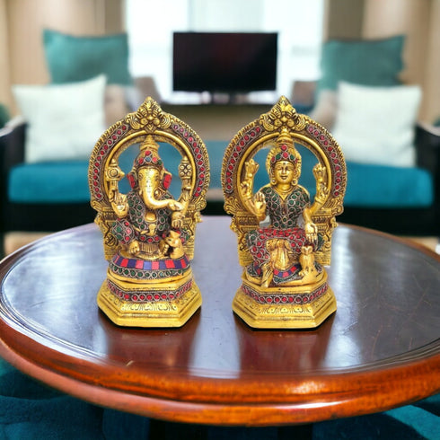 Tamas Brass Lord Ganesh & Goddess Laxmi Sitting Posturel and Decorated with Multicolored Stone (Multicolor)