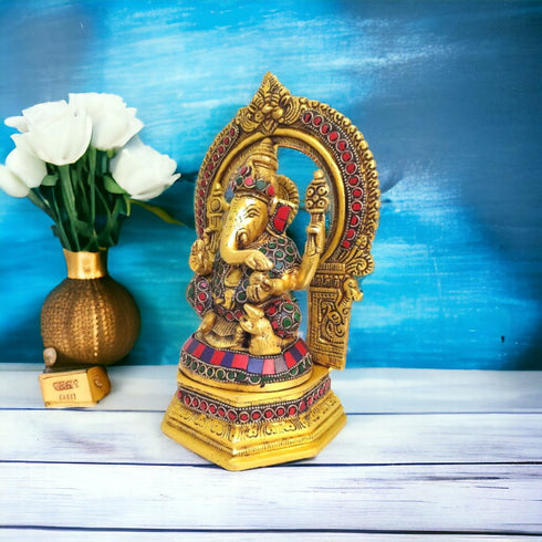 Tamas Brass Lord Ganesh & Goddess Laxmi Sitting Posturel and Decorated with Multicolored Stone (Multicolor)