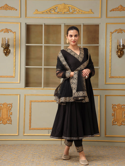 Pomcha Jaipur Saadgi Sunheri Lace Black Anarkali Set