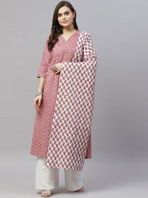 Miravan Womens Pink Cotton Floral Print Anarkali Kurta With Dupatta