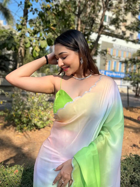 Vasthrlay Green Satin Georgette Plain Saree