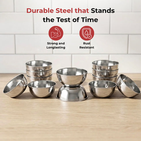 Vinod Stainless Steel Maharaja Bowl Set of 12 Pieces 150 ml Highest Grade Steel Durable and Strong Dishwasher Safe and Rust Free