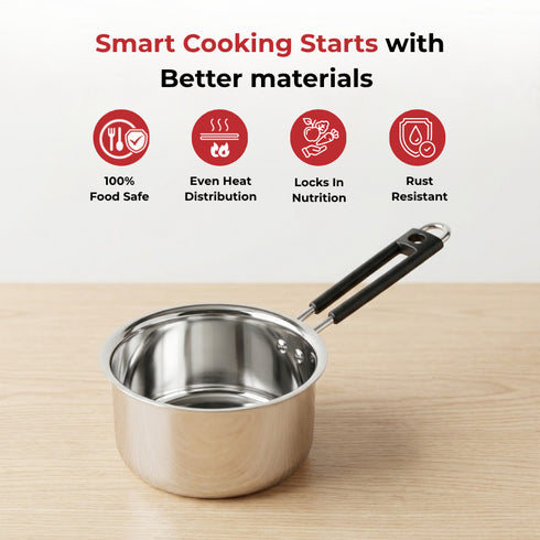 Vinod Stainless Steel Premium Sauce Pan Heavy Gauge 675 ml Milk Pan Tea Pan Induction and Gas Stove Compatible Dishwasher Safe Durable Tea Pot for Kitchen No 9