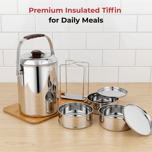 Vinod Stainless Steel Deluxe Hot Tiffin with 3 Compartment Insulated Rust Free Leak Proof Dishwasher Safe Strong and Tough