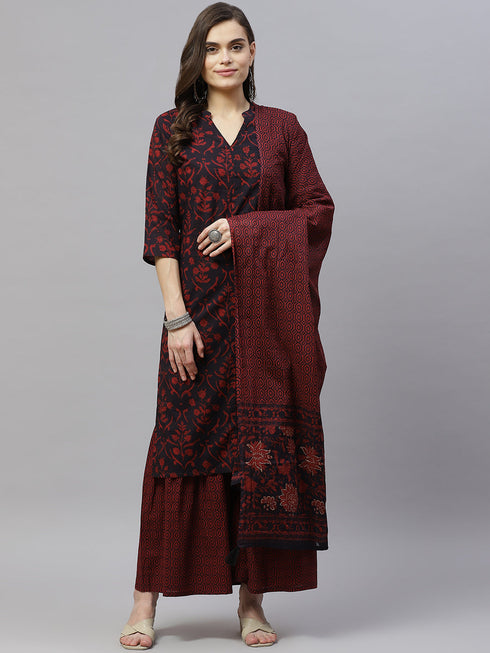 Miravan Womens Maroon Cotton Floral Print Straight Kurta Sharara And Dupatta Set