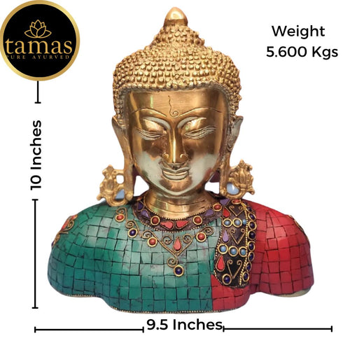 Tamas Brass Handcrafted stone worked Buddha Head Statue / Idol with Antique Finish (Multicolour) (Pack of 1)