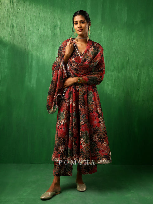 Pomcha Jaipur Adaa Tropical Print Black Muslin Anarkali Set