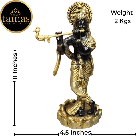 Tamas Brass Handcrafted Lord Krishna Murti Statue/ Idol with Antique Finish ( Black & Golden) (Pack of 1)