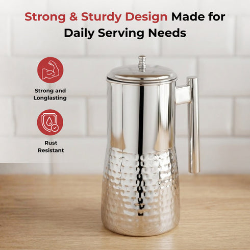 Vinod Stainless Steel Hammered Magnum Water Pitcher Jug with Cover 1700 ml Premium Stainless Steel Tough and Durable Dishwasher safe