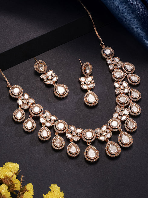 Gold Plated Polki Kundan Studded Bridal Floral Necklace Jewellery Set