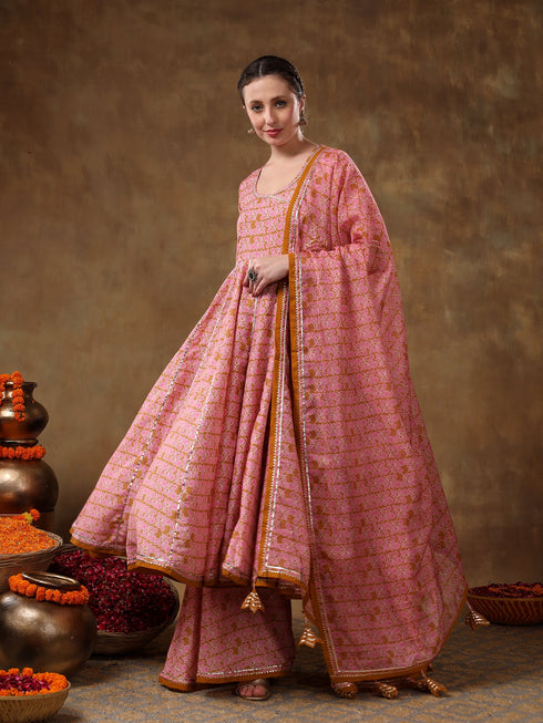 Pomcha Jaipur Naila Gotta Lace Work Muslin Angrakha Set With Plazo And Organza Dupatta