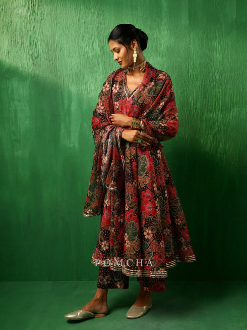 Pomcha Jaipur Adaa Tropical Print Black Muslin Anarkali Set