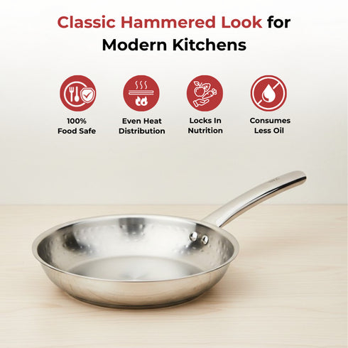 Vinod Claro Heavy Gauge Stainless Steel Hammered Fry Pan with 1.5 mm Thickness 1400 ml