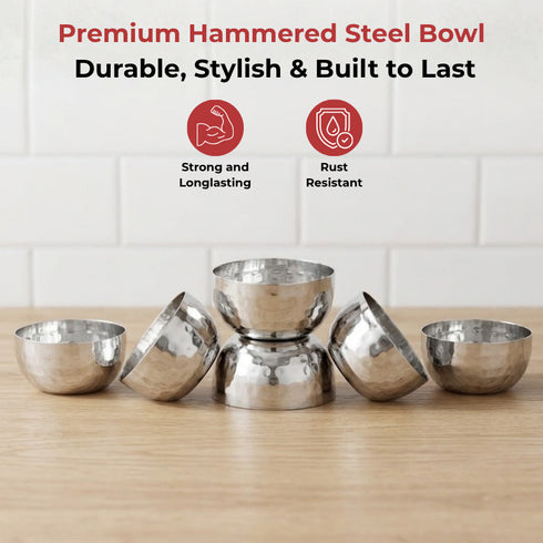 Vinod Stainless Steel Royal Hammered Bowl Set of 6 Pieces 100 ml High Grade Steel Scratch and Dent Resistant Dishwasher Safe No 5
