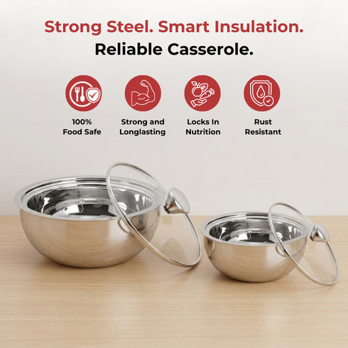 Vinod Stainless Steel Montero Insulated Casserole with Glass Lids and Steel Knobs Set of 2 500 ml 900 ml High Quality Stainless Steel Rust Free