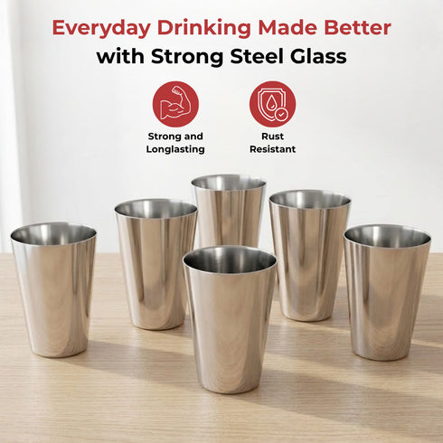 Vinod Stainless Steel Plain Glass Set of 6 300 ml with Highest Grade Steel Mirror Finish Rust Free Easy to Clean and Dishwasher Safe