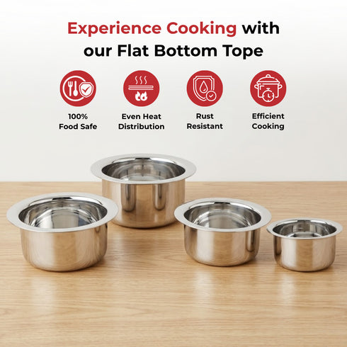 Vinod Stainless Steel Induction Friendly Flat Bottom Cooking Tope With 1.5mm Thickness 18 Gauge Durable Steel 4 Pcs Capacity 350ml 500ml and 750ml No 7 to 10