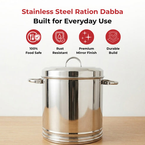 Vinod Stainless Steel Heavy Gauge Ration Dabba 30 Litre No 18 with Lid and Side Handle Highest Grade Steel Mirror Finish and Rust Free